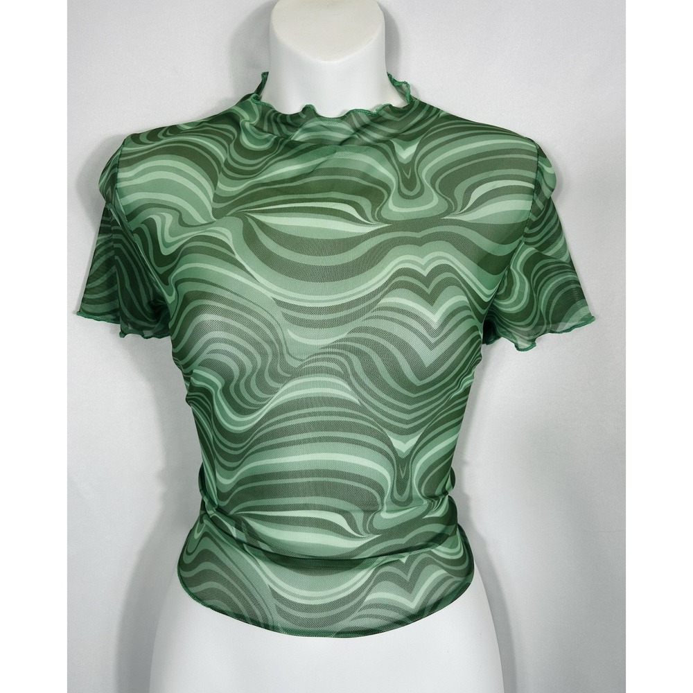 Y2K Sheer Micro Mesh Top Cropped Size M Green Psychedelic Rave Maximalist Euro